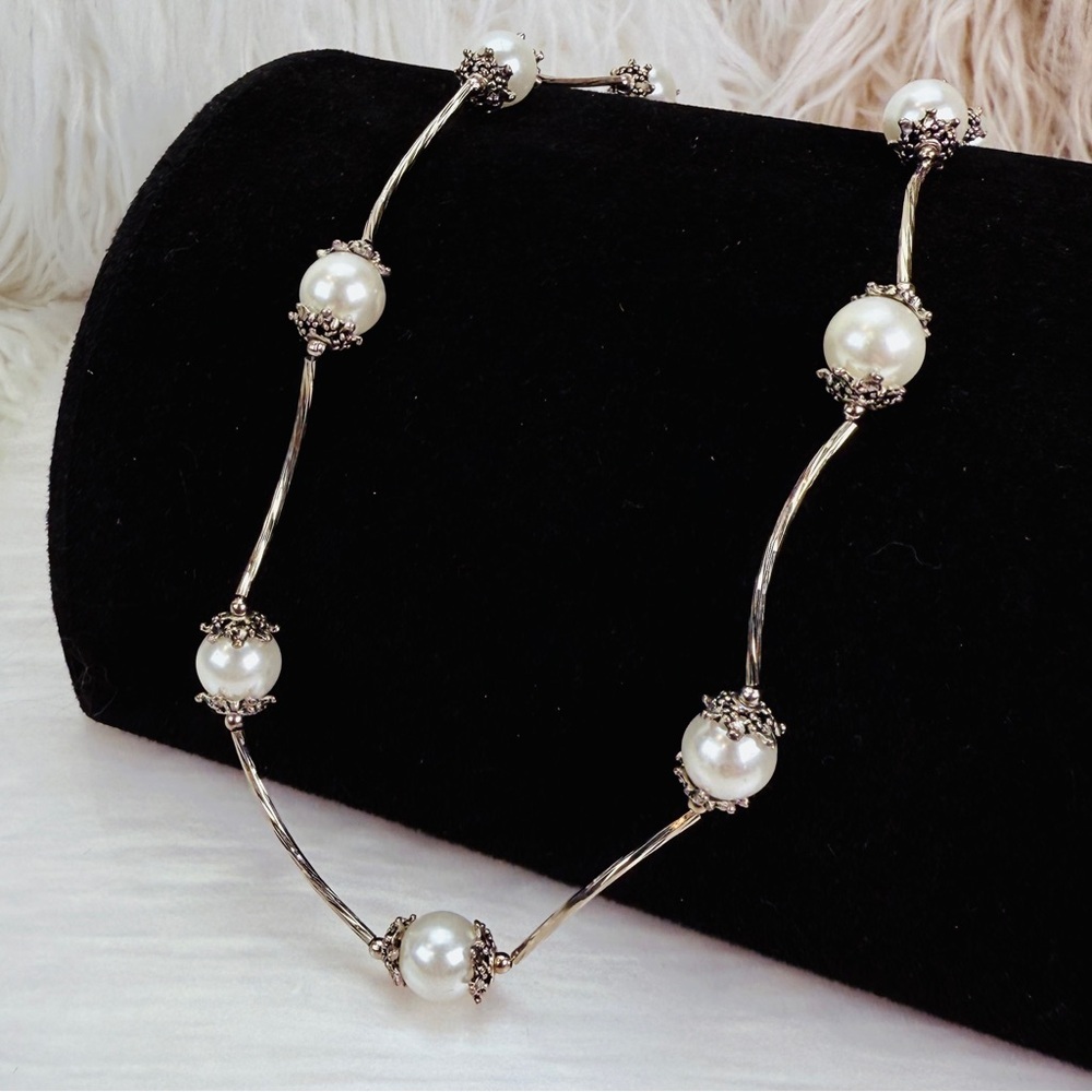 Elegant Silvertone Faux Pearl Minimalist Necklace